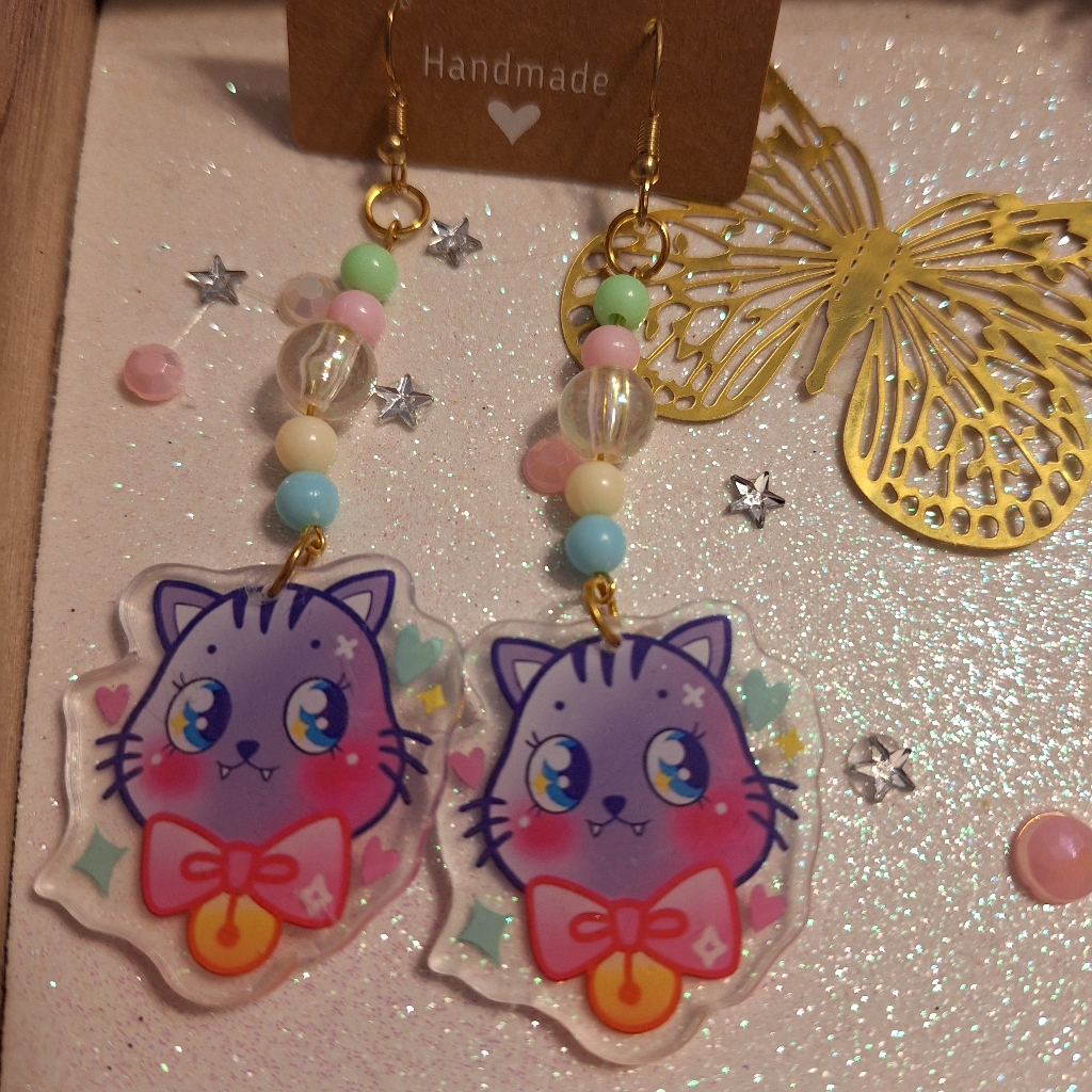 Purple Cat Bow Rainbow Arcylic Dangle Earrings